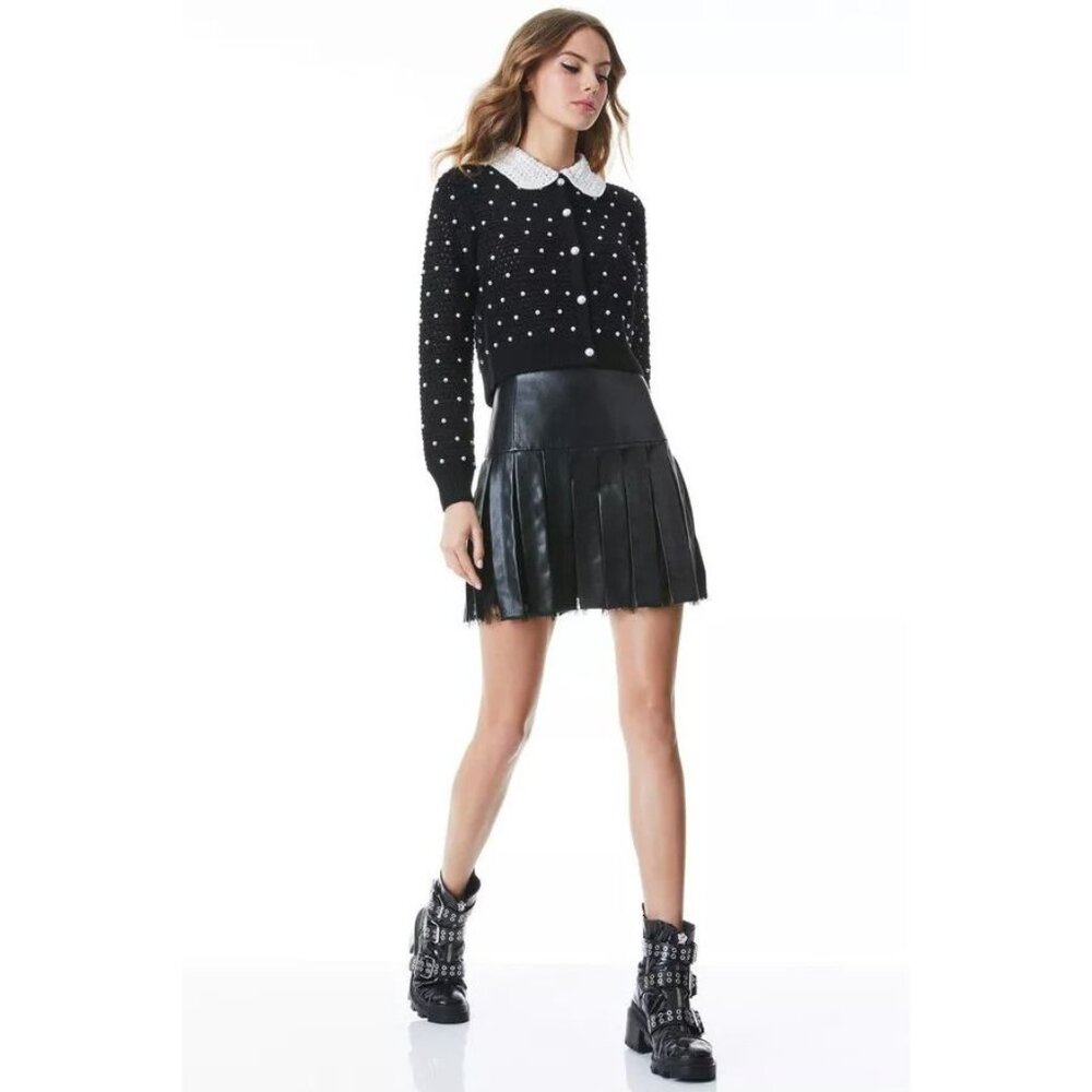 Alice + Olivia Collins Pearl Embellished Crochet Wool Black Cardigan XS NWT $595 - Picture 2 of 13